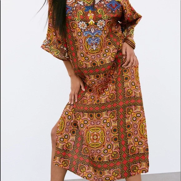 ZARA $119 NWT EMBROIDERED BEADED LINEN BLEND TUNIC DRESS XS SMALL 7521/073